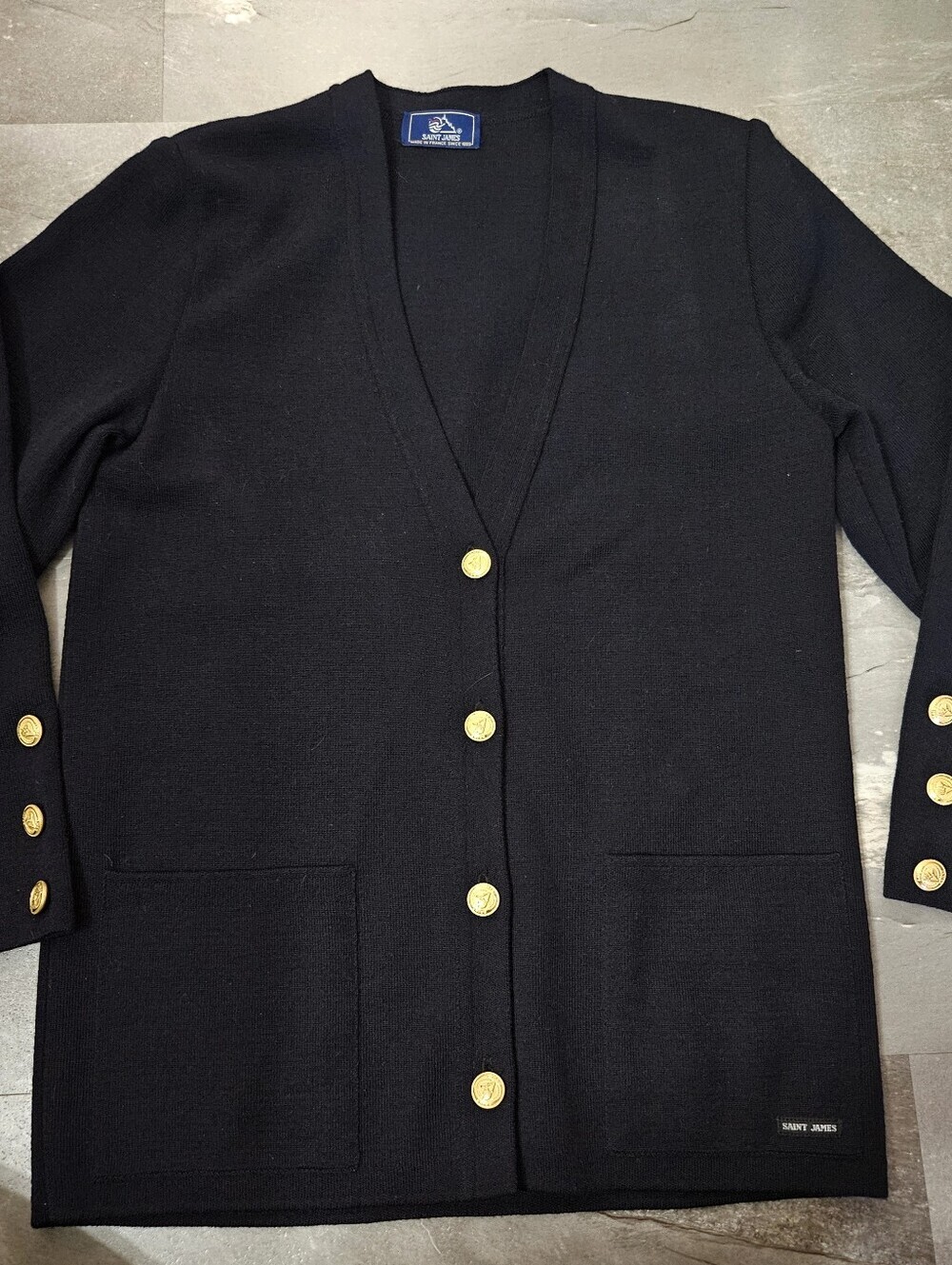 Saint James Navy Blue 100% New Wool Button Knit Cardigan Gold Buttons. France. 8